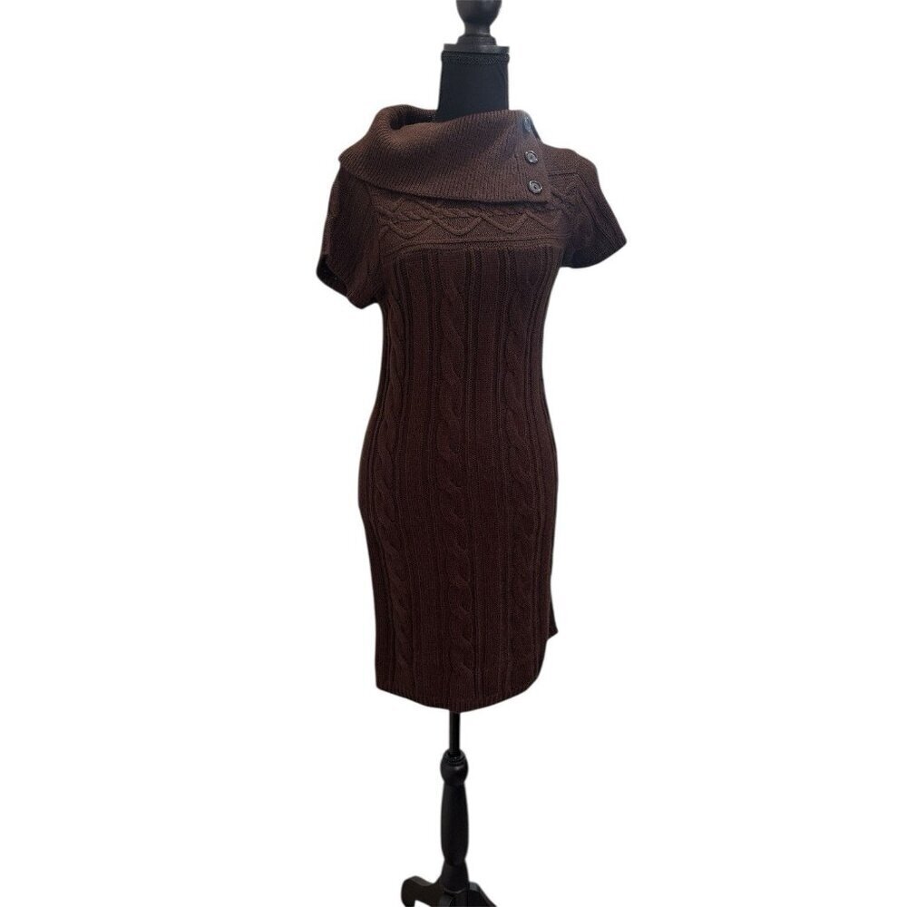 NINE WEST Cozy Soft Brown Cable Knit Sweater Button Hi Neck Dress Size SP